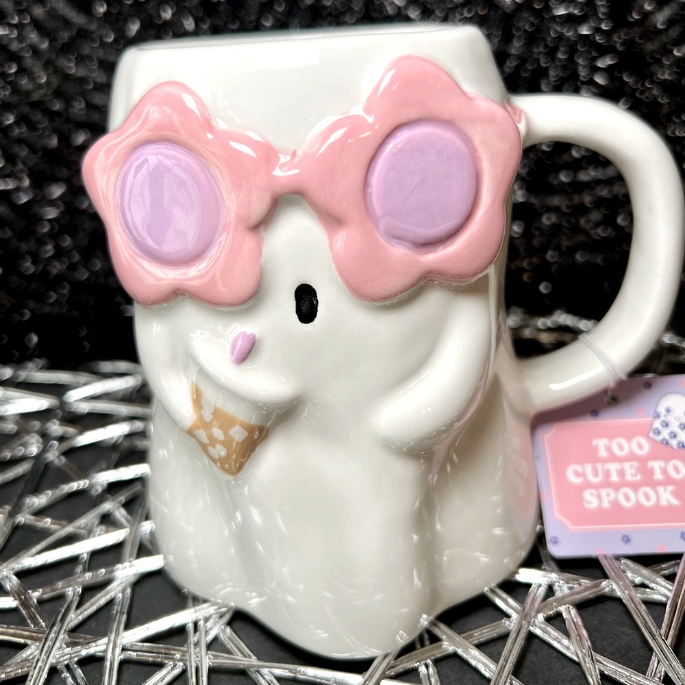 Halloween Ceramic Cold Brew Drinking Girlie Girl Ghost Mug Flower Sunglasses - Picture 1 of 10